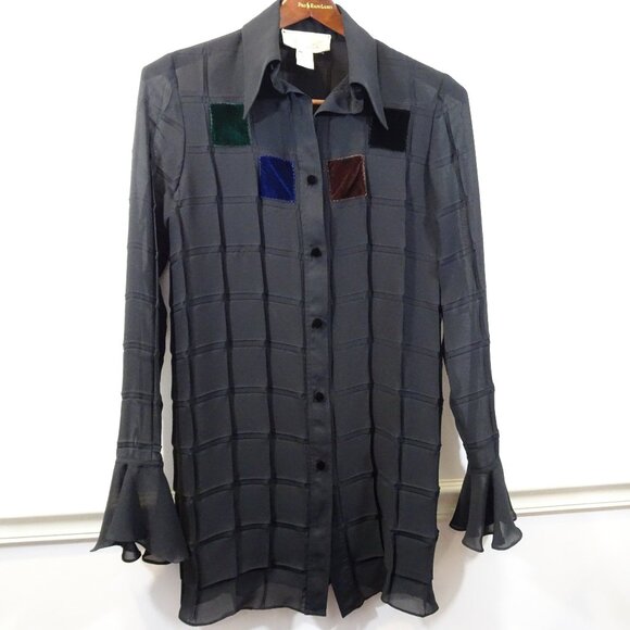 Yoshimi Koyama Paris Sheer Black Blouse Size M Velvet Buttons Patchwork Lagenloo - Picture 1 of 7